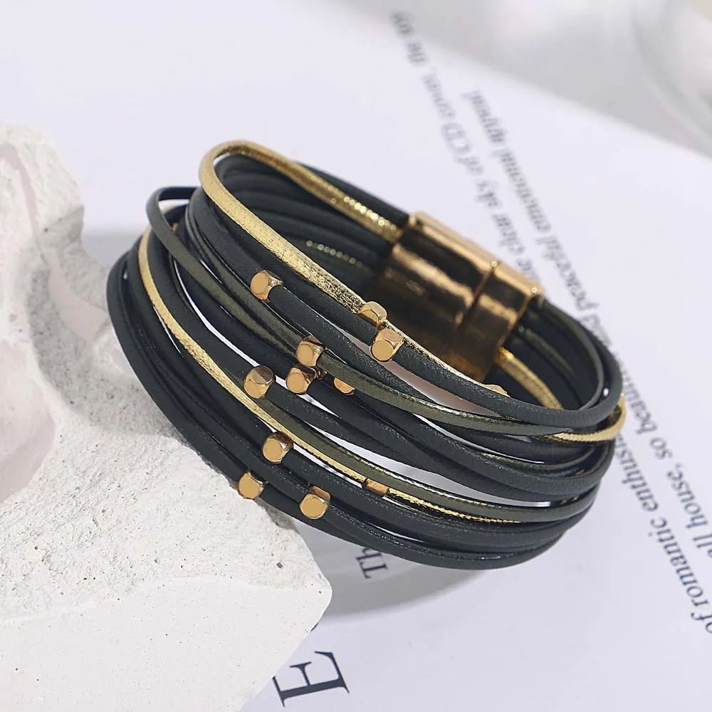 ALLYES Charm Triple Color Leather Bracelet for Women Bohemian Metal Beads Multilayer Thin Strip Wrap Bracelets Fashion Jewelry