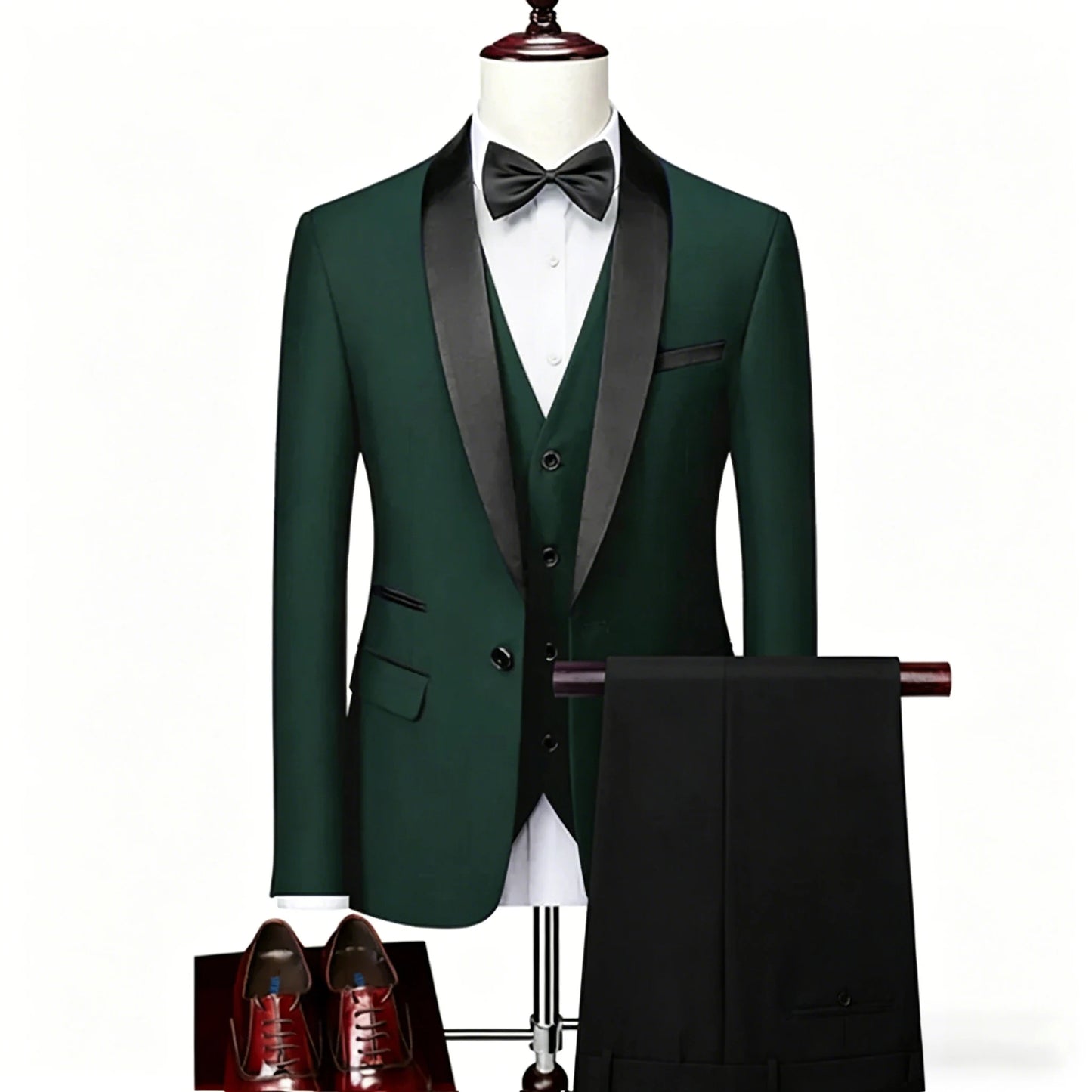 ( Jacket + Vest + Pants ) Men's 3 Piece Tuxedo Suit Set, Beige Blazer with Black Shawl Lapel for Wedding, Groom, Formal Party