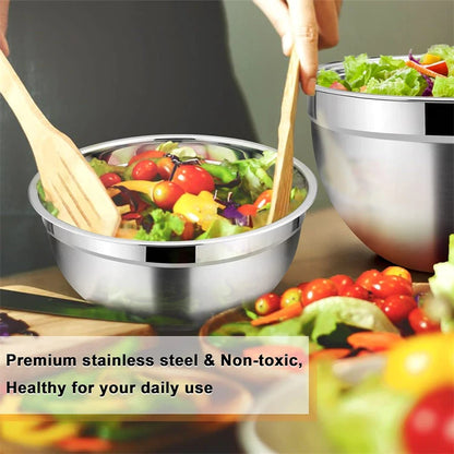 LMETJMA 6 Pcs Stainless Steel Mixing Bowls with Black Lids Kitchen Nesting Salad Mixing Bowl With Non-slip Silicone Bottom JT327