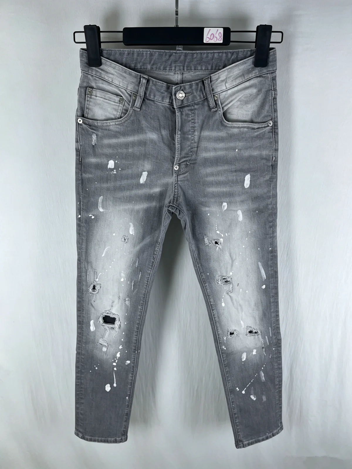 6060 Four Seasons New Men's Washed Ripped Patch Old Slim-fit Straight Black Jeans for Men