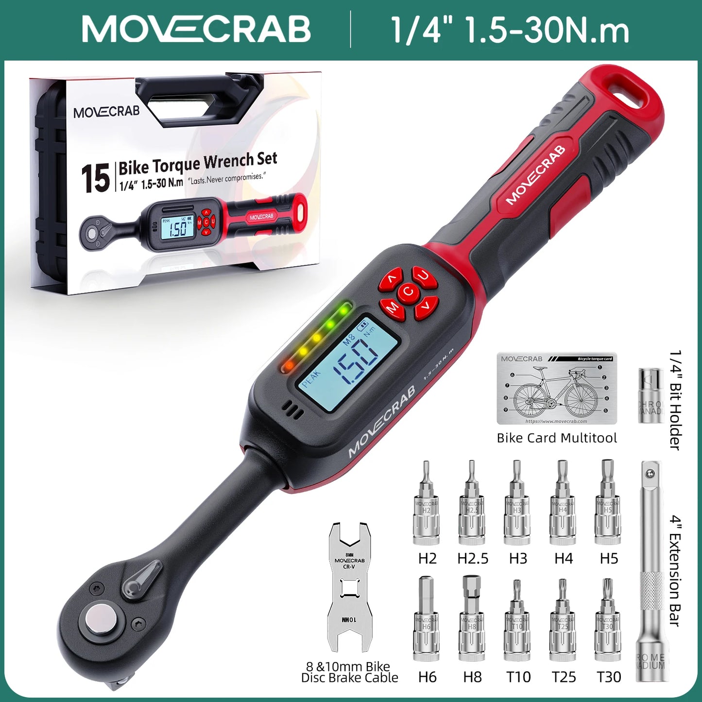 MOVECRAB Series Digital Torque Wrench 1.5-340N.m 2% Accuracy Preset Values with Buzzer, LED Flash & HandleVibration Notification