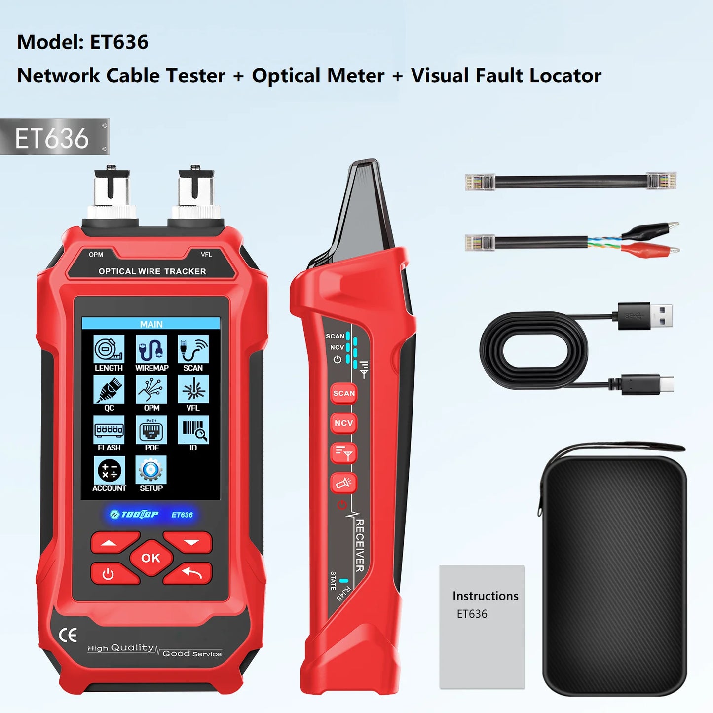 TOOLTOP Network Cable Tester 4 in 1 Multi-function Fiber Optical Power Meter Visual Fault Locator noise-free LAN Line Tracking