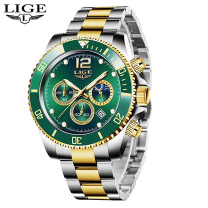 LIGE Outdoor Sport Watch For Men Fashion Military Waterproof Luminous Men Watch Round Stainless Steel Quartz Chronograph Male
