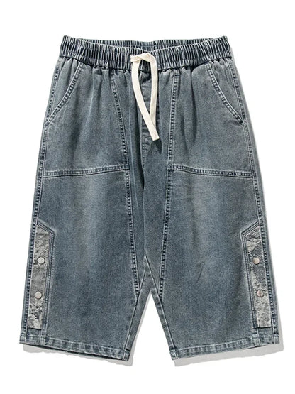 8XL Summer Men's Jeans Denim Breeches Calf-Length Casual Shorts Washed Cotton Drawstring Straight Capris Pants Big Size