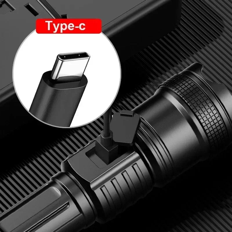 Super Bright LED Flashlight Type-C Rechargeable Led Torch Long Range Tactical Lamp Outdoor Waterproof Camping Fishing Lantern