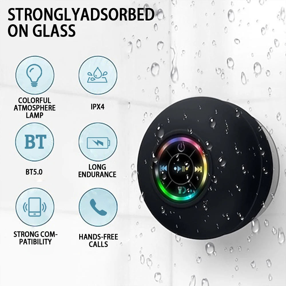 LED Portable Wireless Bluetooth Speaker, IPX4 Waterproof with Large Suction Cup, Mini Loudspeaker for Bathroom, Outdoor & Travel