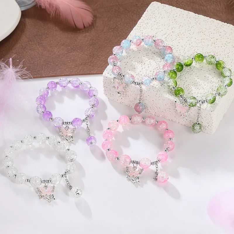 Bohemian Sweet Butterfly Beaded Bracelet for Women Girls Pink Color Imitation Jade Crystal Hand Jewelry Birthday Party Gifts