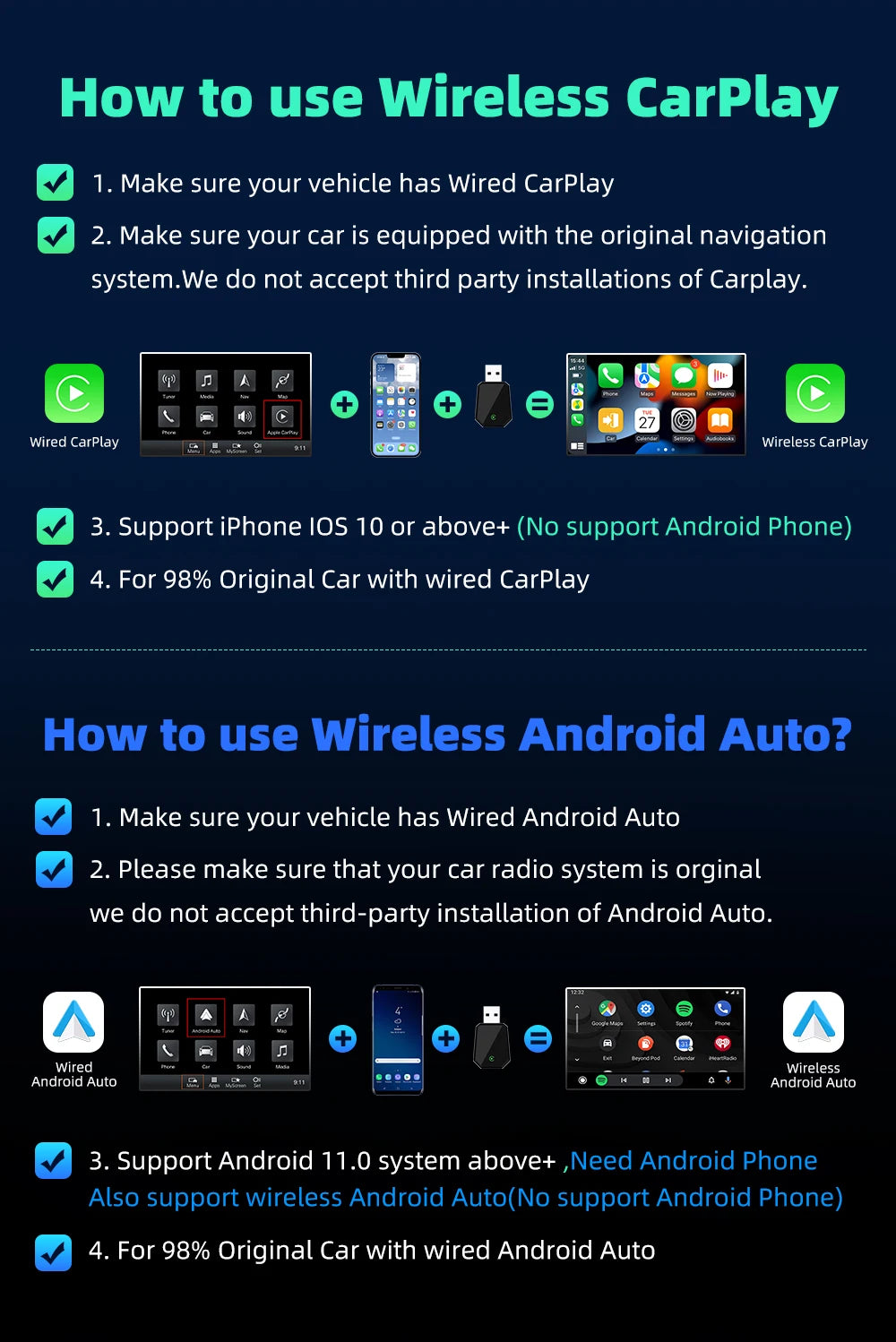 EKIY 2in1 Wired To Wireless CarPlay Dongle Android Auto Adapter Car Intelligent Systems AI Smart Box For Car With Wired CarPlay