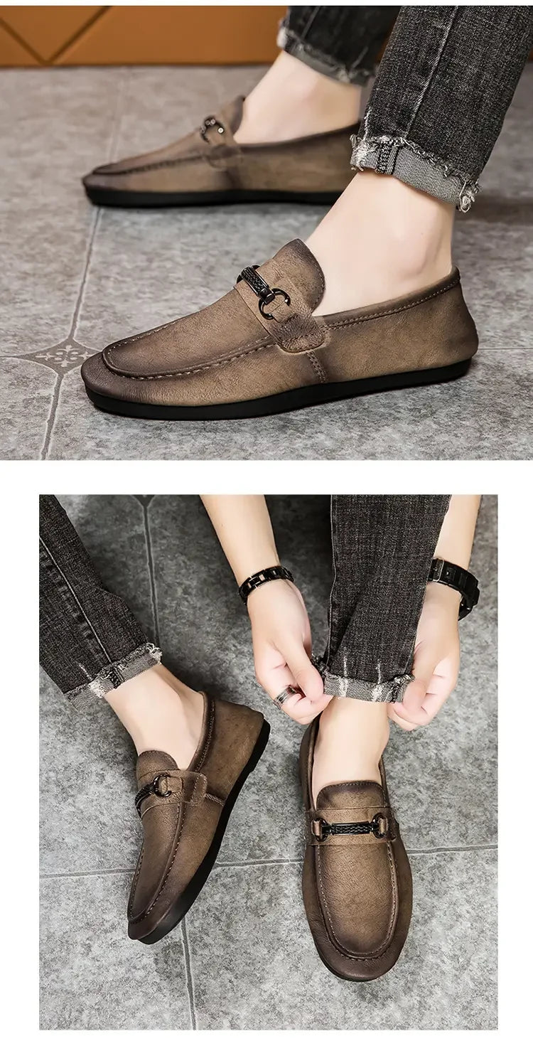 Breathable men's casual shoes in spring and summer leisure trend retro horse-bit buckle bean shoes fashion set foot pedal.