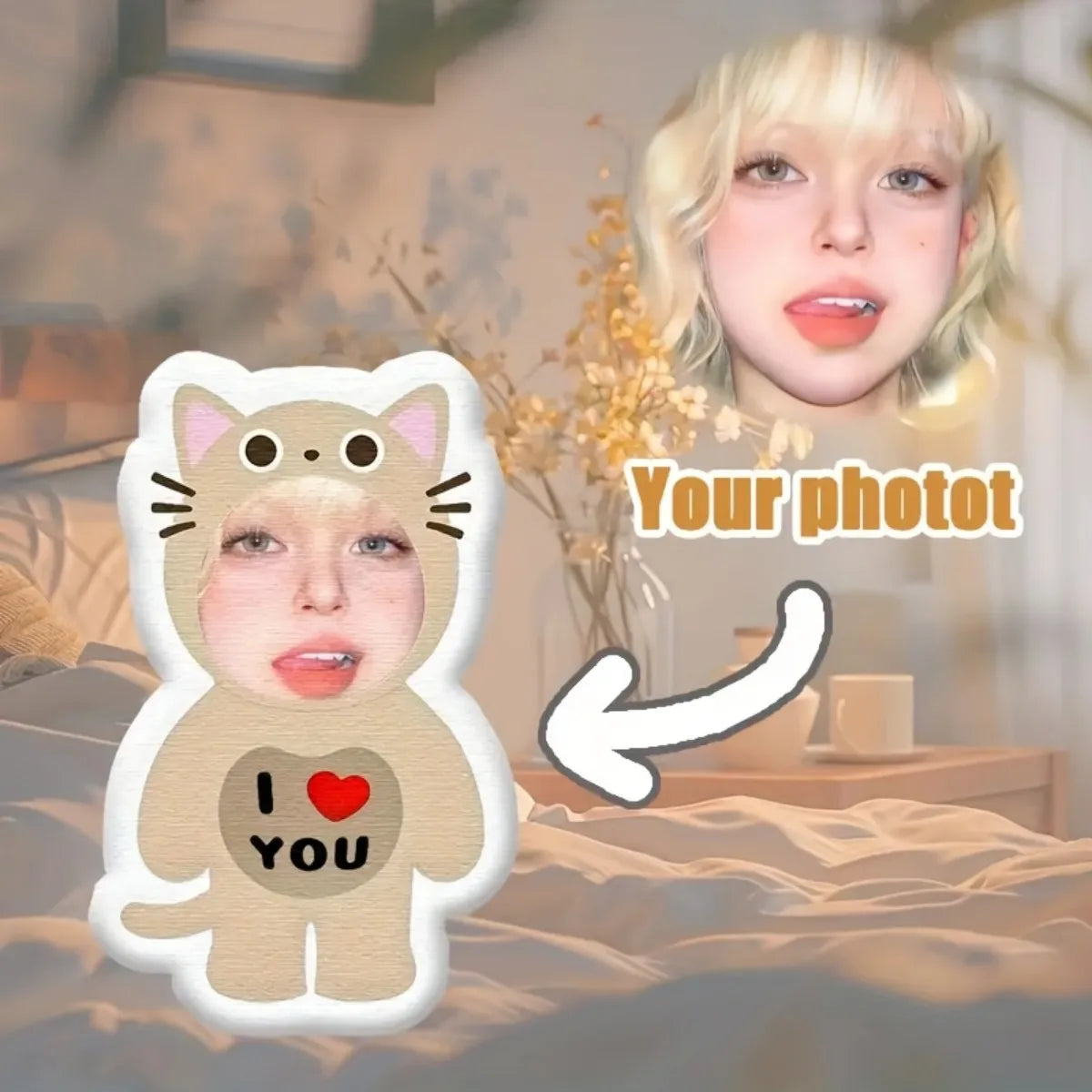 Personalized photo plush pillow - Custom beige cat-shaped gift with your photo, a must-have gift for giving