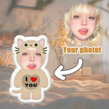 Personalized photo plush pillow - Custom beige cat-shaped gift with your photo, a must-have gift for giving