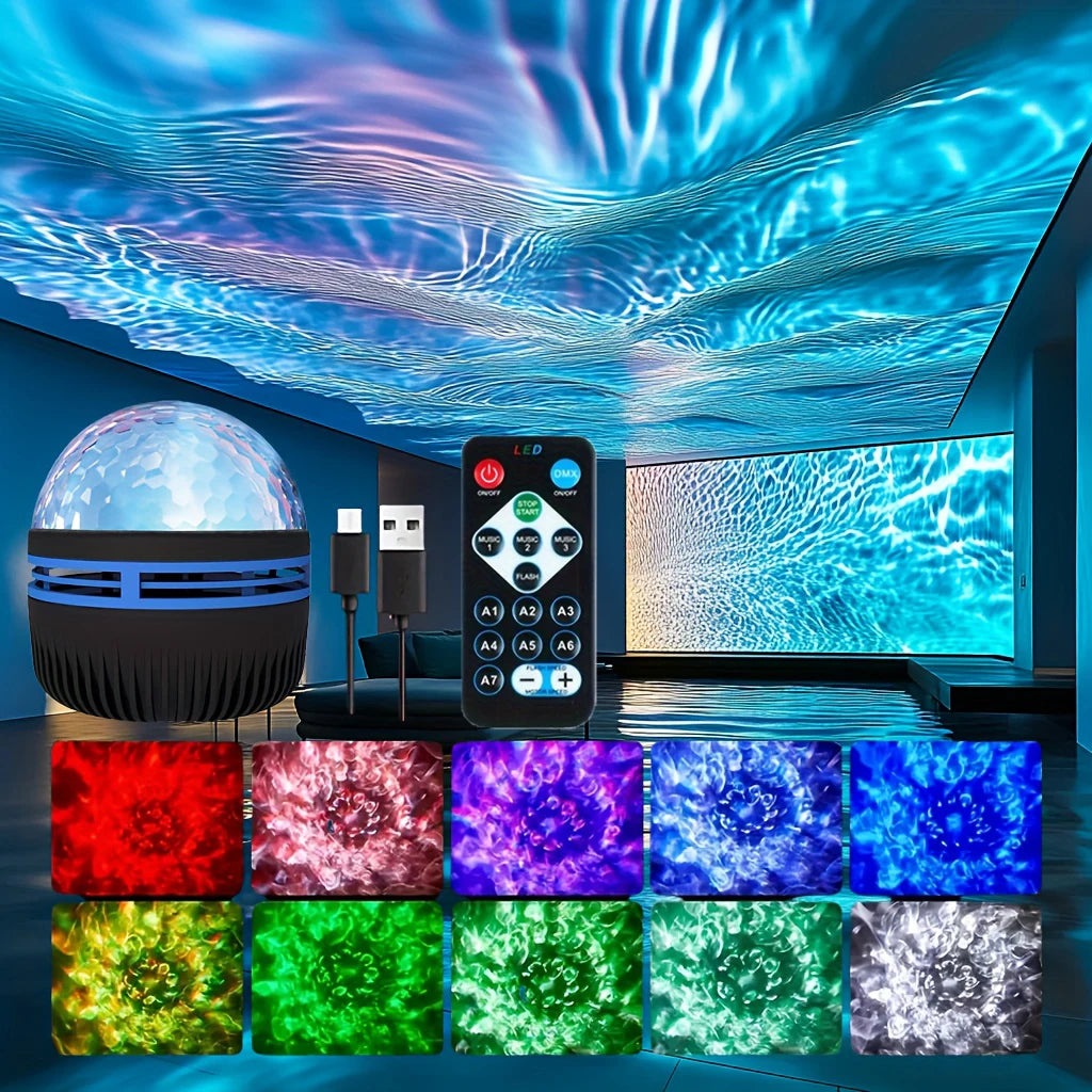 Galaxy Starry Projector LED Night Light Remote Control RGB Water Wave 7 Modes USB Plug-in Galaxy Lamp Bedroom Party Bar Decor