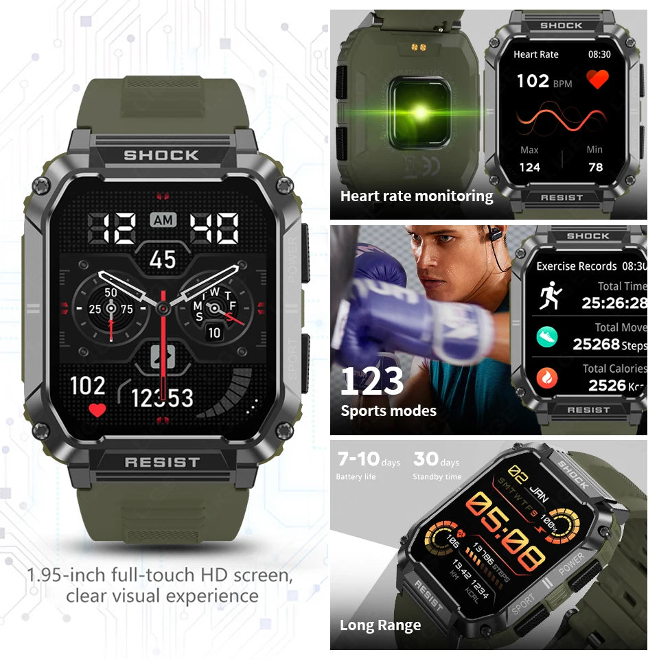 LIGE nowy wytrzymały wojskowy smartwatch z połączeniami Bluetooth dla mężczyzn 1,95" ekran HD 100+ trybów sportowych monitorowanie zdrowia Smartwatch dla Androida i iOS