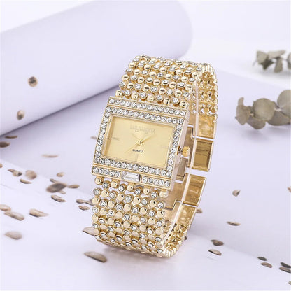 Luxury Simple Square Diamond Encrusted Women's Quartz Watch Gold Skeleton Fashion Women's Clock Gift Dress Wristwatch