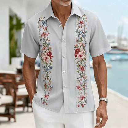 Men's Light Blue Geometric Ethnic Pattern Short Sleeve Shirt, Retro Bohemian Design, Casual Spring Summer Wear