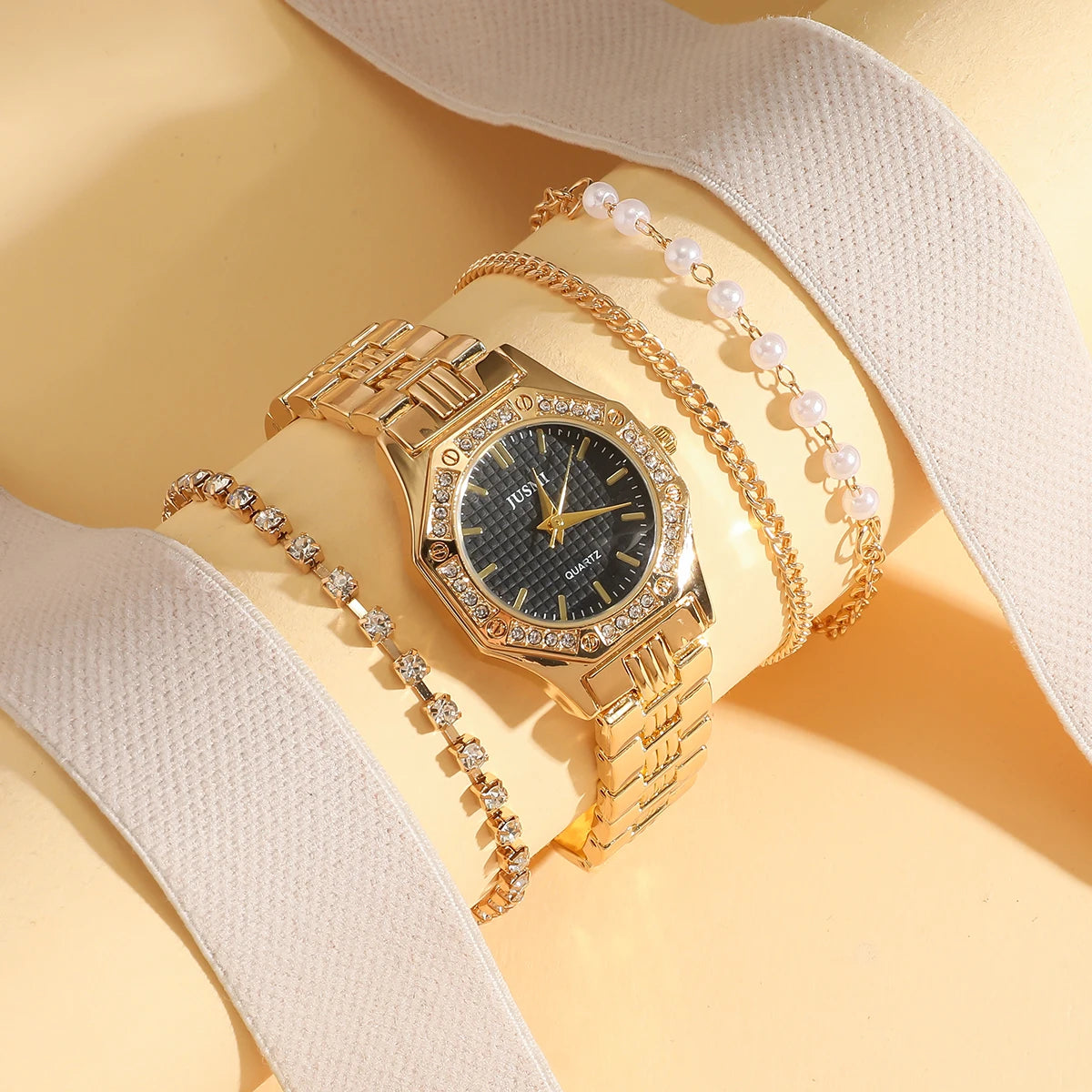 Fashionable Diamond Line Scale Octagon Case Round Dial Steel Band Women's Quartz Watch Set for Holiday Day Gift