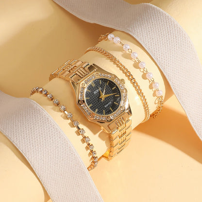 Fashionable Diamond Line Scale Octagon Case Round Dial Steel Band Women's Quartz Watch Set for Holiday Day Gift