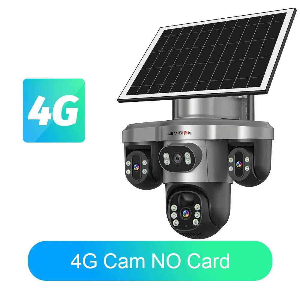 LS VISION 4G / WiFi Solar Camera 3Lenses Outdoor 15MP 4K Low Power Battery IP Camera PIR Night Vision V380 Pro CCTV Security