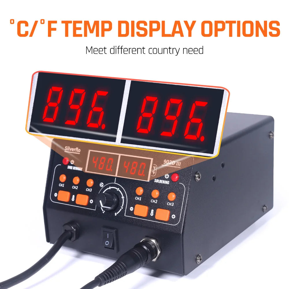 Silverflo 902D-III Rework Soldering Station 2 in 1 Hot Air  Welding Station with 3 Pre-set Channels,Sleep Mode for SMD Rework