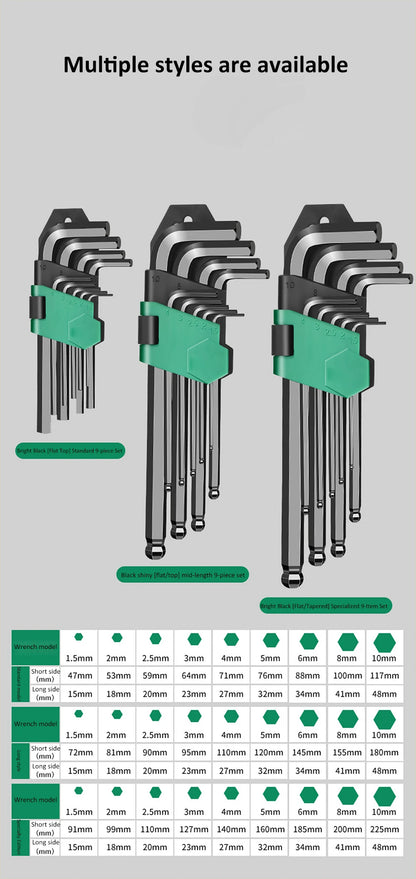 9Pcs Hex Wrench Set L Type Allen Key Set 1.5-10MM Hexagon Flat Ball Torx Star Head Spanner Screwdriver Set Household Hand Tools