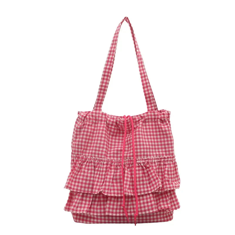 Cute Plaid Cotton Tote Bag Large Capaci Lace Trim Women's Summer 2026 Simple Lady Handbag Soft Shoulder Bags Bolsa Feminina