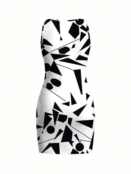 Women's Geometric Pattern Sleeveless Dress Mini Skirt round Neck Summer Casual Elegant Comfortable Printed Fashion