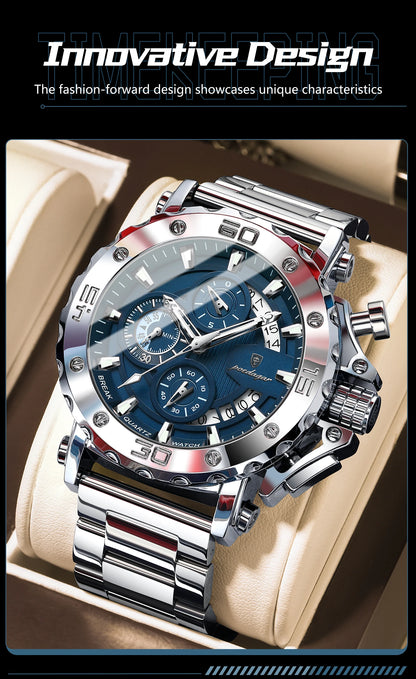 POEDAGAR Top Business Men's Wristwatch Luminous Waterproof Man Clock Chronograph Calendar Stainless Steel Quartz Watches For Men