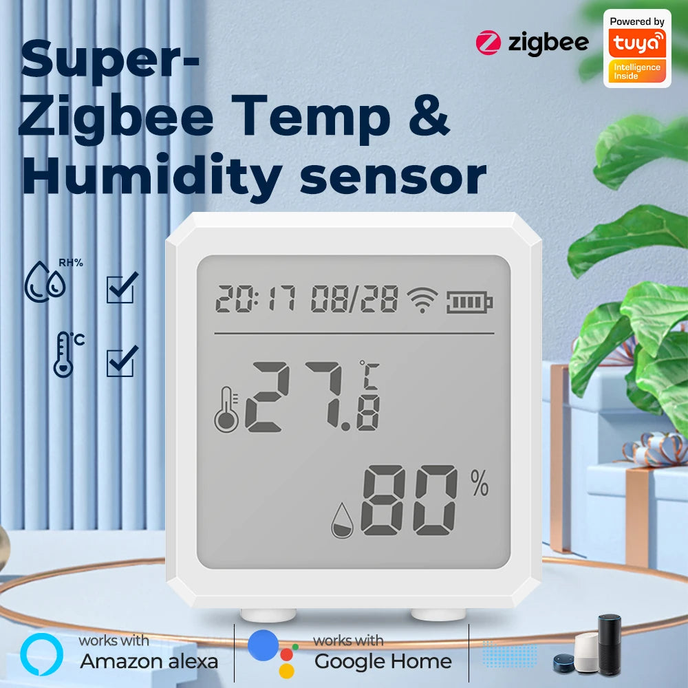 ONENUO Tuya Zigbee Temperature and Humidity Sensor with LCD Screen Digital Display Wireless Thermometer Work with Alexa Google