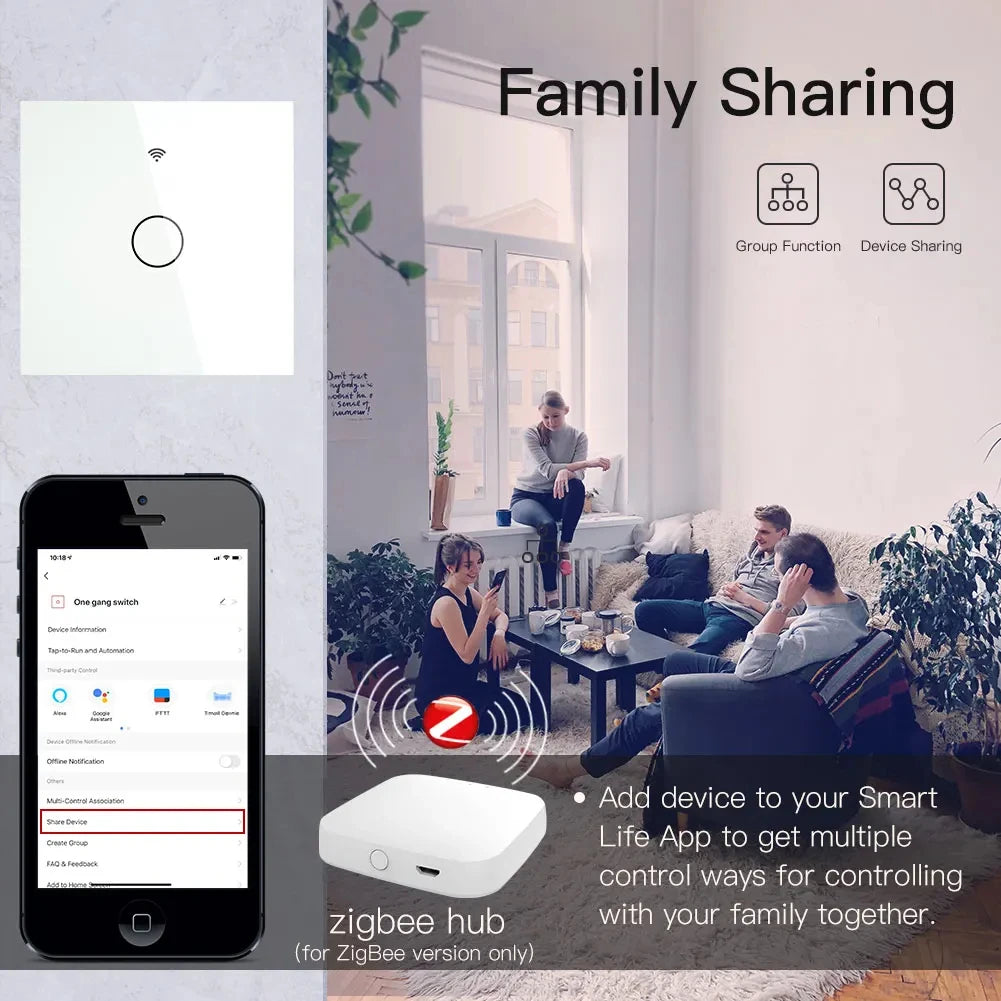 Tuya Wifi/Zigbee RF433 EU Smart Wall Switch 1/2/3/4 Gang Touch Sensor Button No-Neutral Wire,Voice With Alexa Google Home
