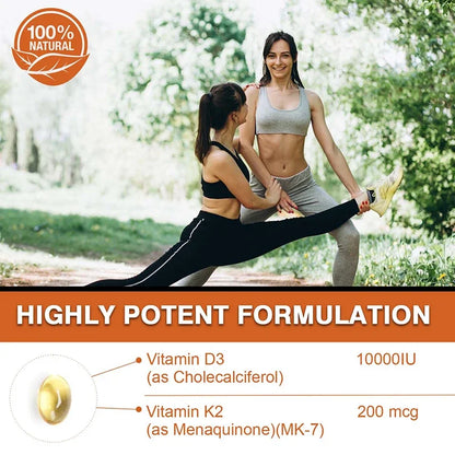 Vitamin D3 10000 IU with K2 200 Mcg, 120 Soft-Gels | 2 in 1 Immune Support, Healthy Muscle Function and Bone Health
