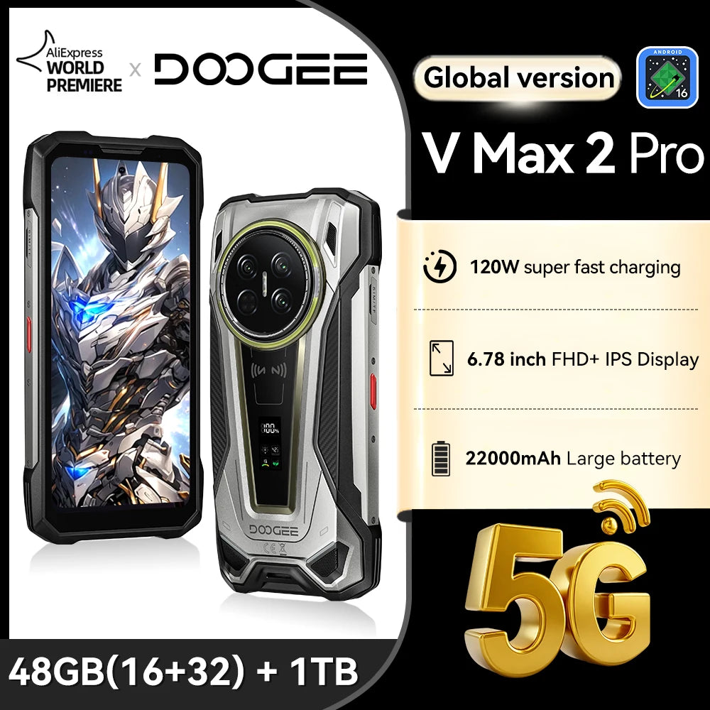 World Premiere DOOGEE V Max 2 Pro 5G Rugged Phone 6.78" FHD+ IPS 120Hz Display 48GB+1TB 22000mAh 200MP 120W Smartphon Android 16