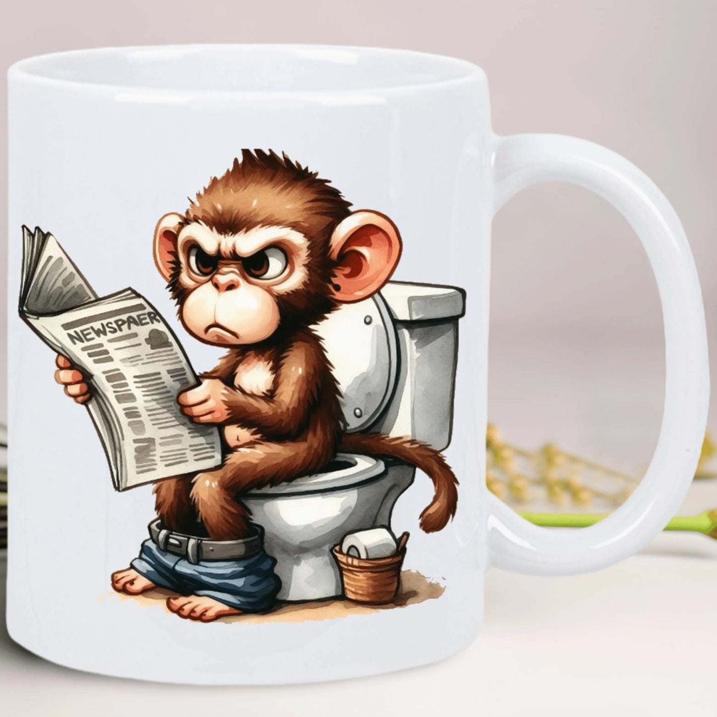 Funny Monkey on Toilet Ceramic Coffee Mug – Reusable, Hand-Wash Only – Humorous Cartoon Design with Detailed Illustration