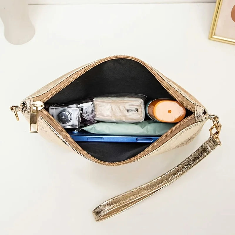 A Stylish And Minimalist Golden Sequined Crossbody Bag, Perfect As a High-End Solid Color Makeup Pouch
