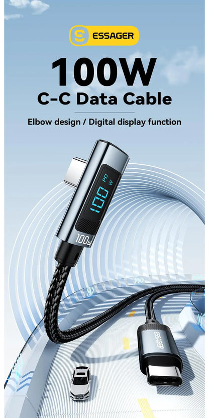 Essager PD100W USB C to Type C Cable Fast Charging Cable 90 Degree Elbow With Display For Iphone 15 Huawei Samsung Macbook Pro
