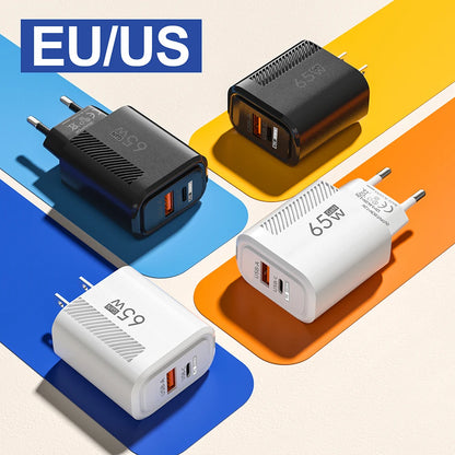 65W GaN Fast Charging USB Type-C Charger US EU Plug USB PD Quick Charge 3.0 Travel Wall Phone Charger Adapter For iPhone Samsung
