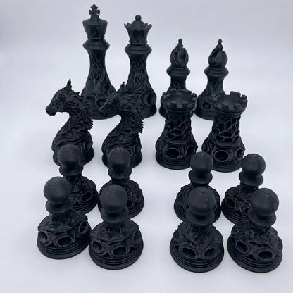 32pcs Gothic Dragon Chess Pieces Set Black White 3D Printed Hollow Design Tabletop Ornament Gift for Chess Lovers
