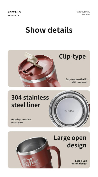 WORTHBUY Coffee Mug With Lid&Handle 304 Stainless Steel Tea Milk Coffee Cup Double Wall Insulated Anti Scalding Drinking Cup