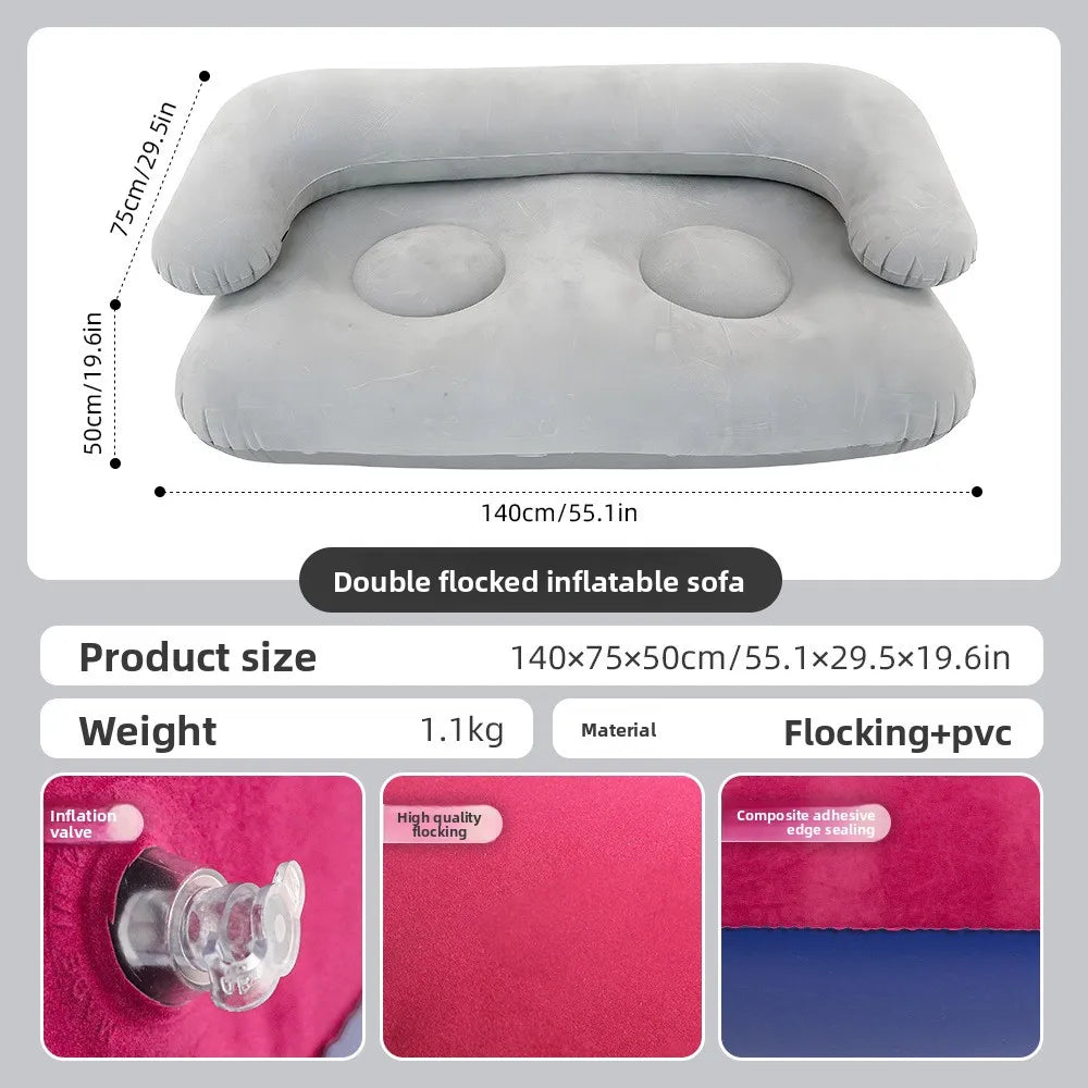 2 Person Inflatable Sofa Couch Portable Foldable Air Couch with Armrest Flocked Outdoor Camping Home Leisure Inflatable Lounge C