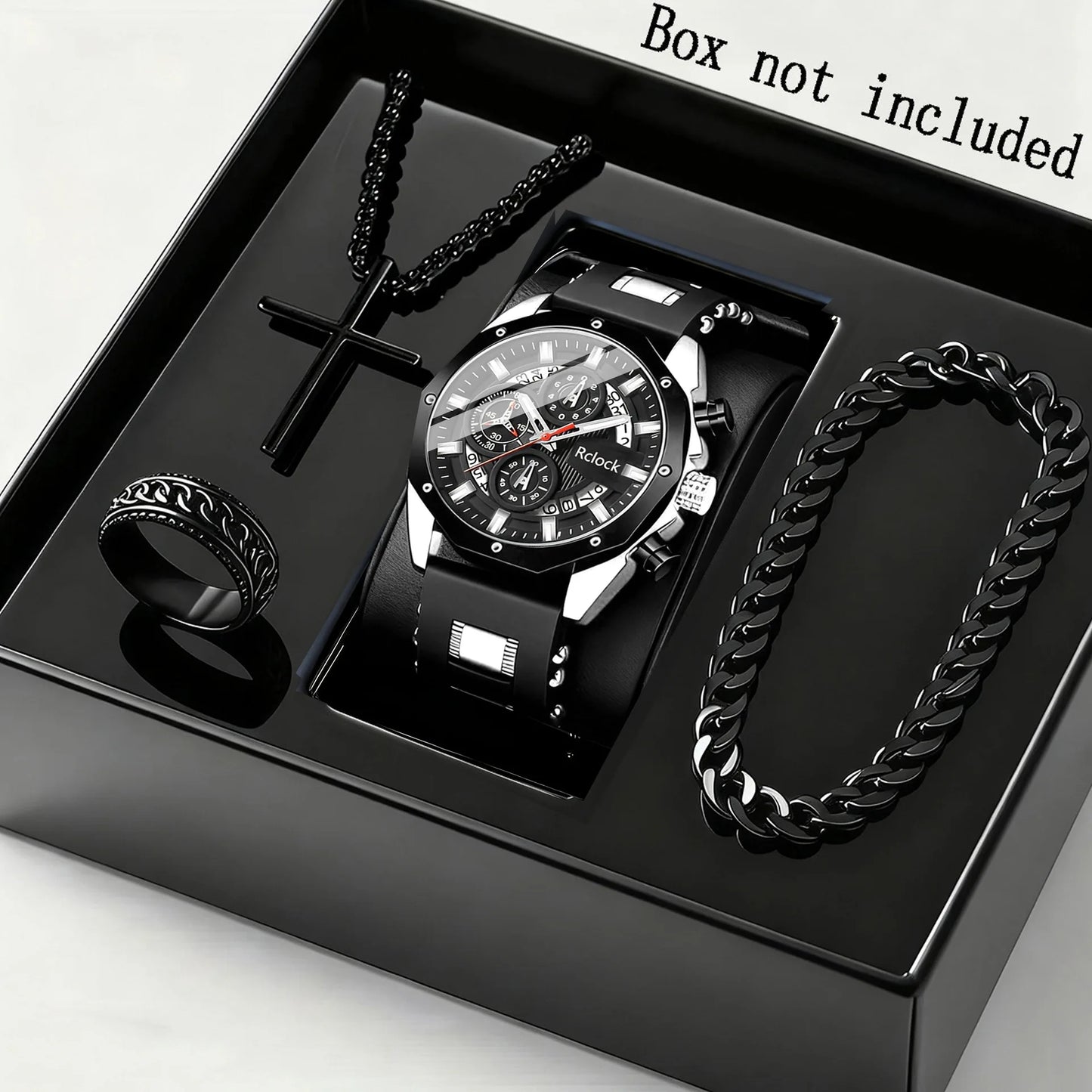 Four piece fashionable men's watch set, business casual men's bracelet, cross necklace, luxury watch