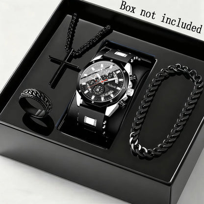 Four piece fashionable men's watch set, business casual men's bracelet, cross necklace, luxury watch