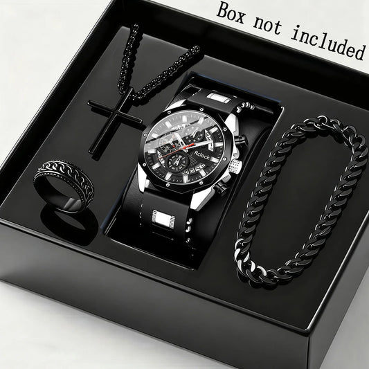 Four piece fashionable men's watch set, business casual men's bracelet, cross necklace, luxury watch