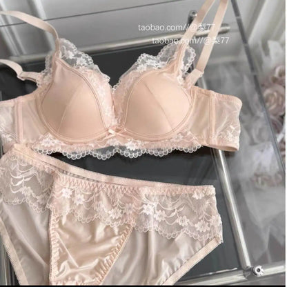 French Style Lace Satin Splice Bra Set Women Small Chest Gathered Lift Up Comfortable Soft Daily Underwear Lingerie Suit 32-38AB
