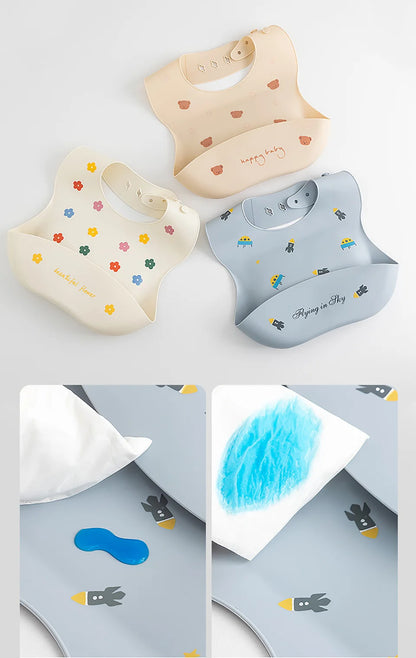 Waterproof Bibs For Kids Feeding Baby Eating Stuff Soft Silicone Babeast Cartoon Printed Adjustable Baby Tasting Feeding Bibs