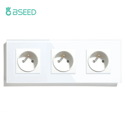 BSEED France Standard Single Wall French Socket Double Power Plug With White Black Gloden Crystal Glass Panel 16A 110V-250V