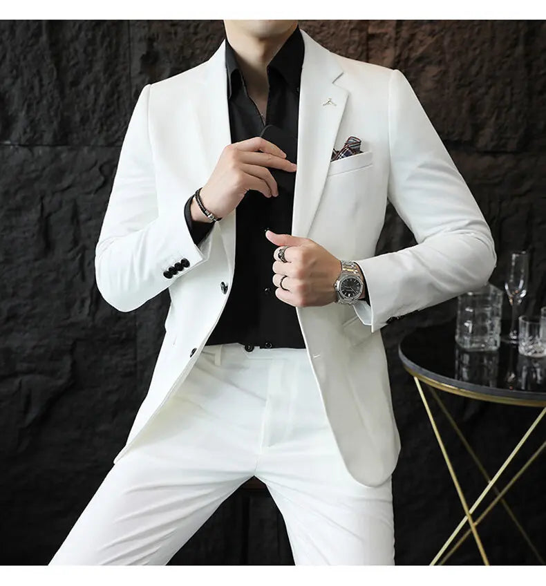 High quality Korean slim fit (suit + trousers) Fashion business handsome casual solid color wedding suit two-piece set