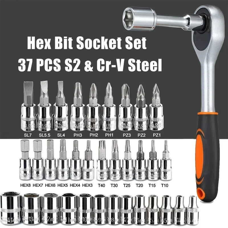 46Pcs 1/4 Inch Socket Tool Kit, Red Ratchet Wrench Combo, Portable Auto Repair Set for Car Maintenance and Mechanic Daily Use
