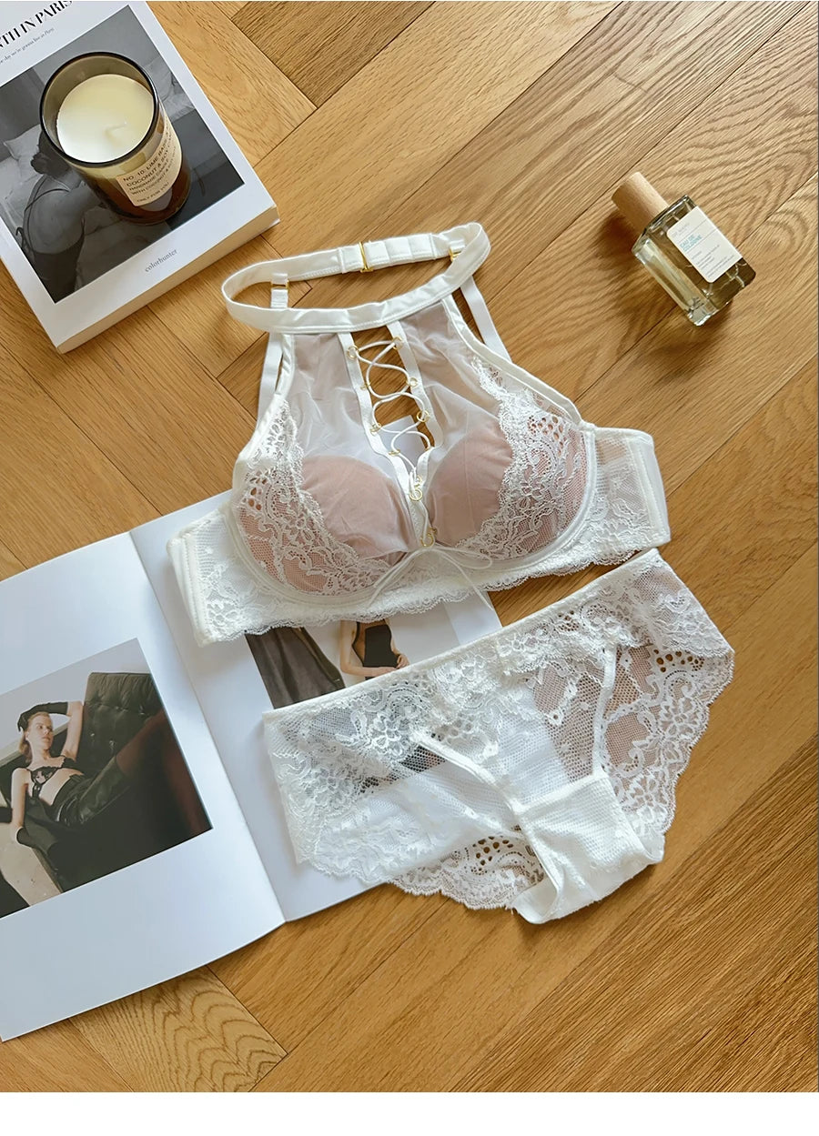 Luxury French Lace Halter Bra Small Chest Push-Up Sheer Bralette Seductive Allure Black Lingerie Set Wire-Free Comfort MOYISU AB