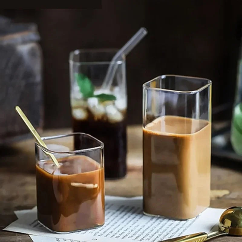 Square Simple Glass Cup Clear Cold Drink Juice Milk Glass Red Wine Beer Glass Coffee Cup Water Cup Drinking Utensils