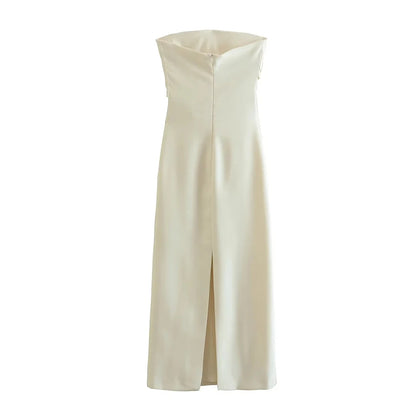 Women Fashion Strapless Gathered Midi Dress Sexy Straight Neck Back Slit Female Dresses Vestidos Mujer