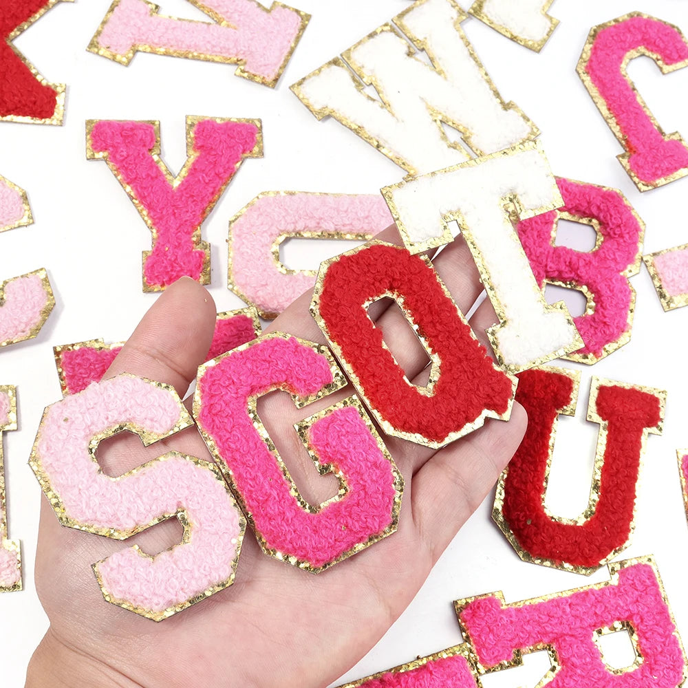8pcs Sweet 26 Letters Towel Embroidery Patch Pink A-Z Self-adhesive Sticker Decoration For DIY Apparel Bag Crafts Accessories